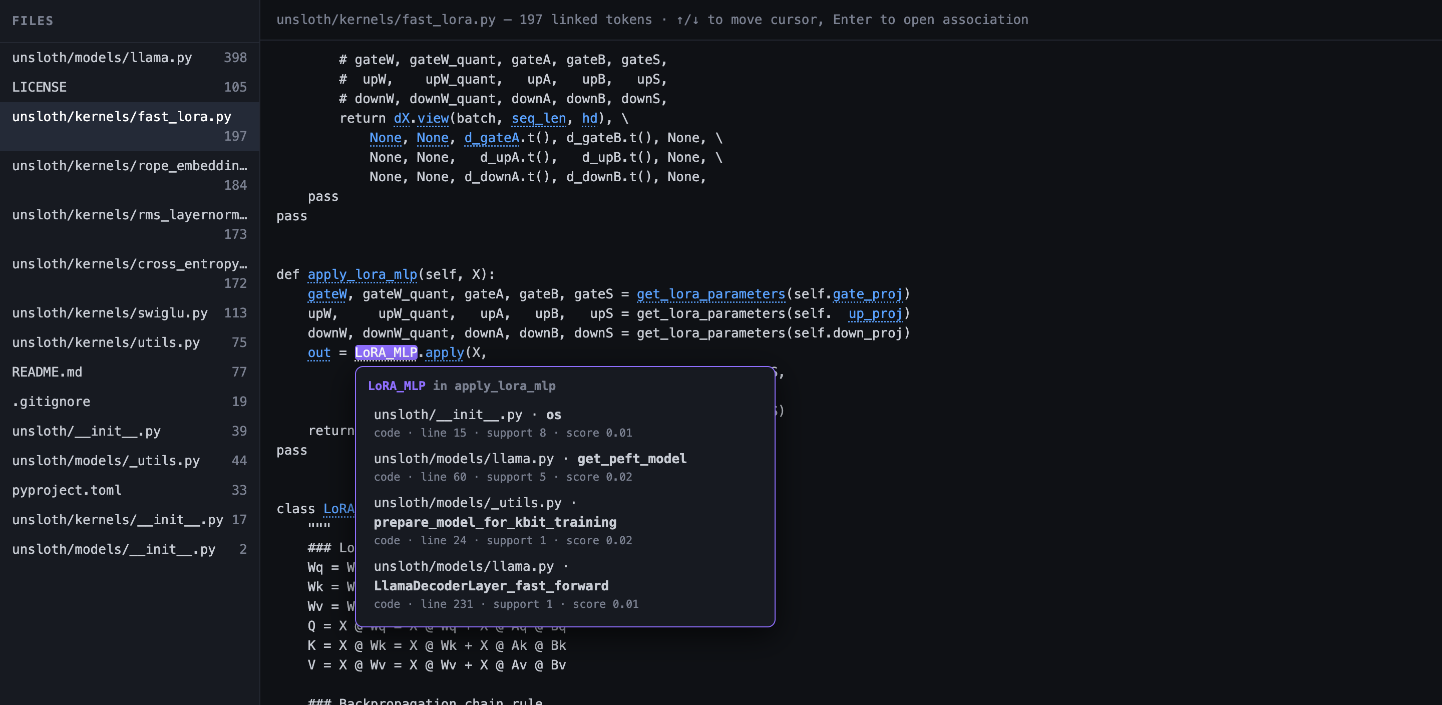 The crab-graph explorer: Python source with attention-linked identifiers underlined, and a modal listing LoRA_MLP's associations with support and score.