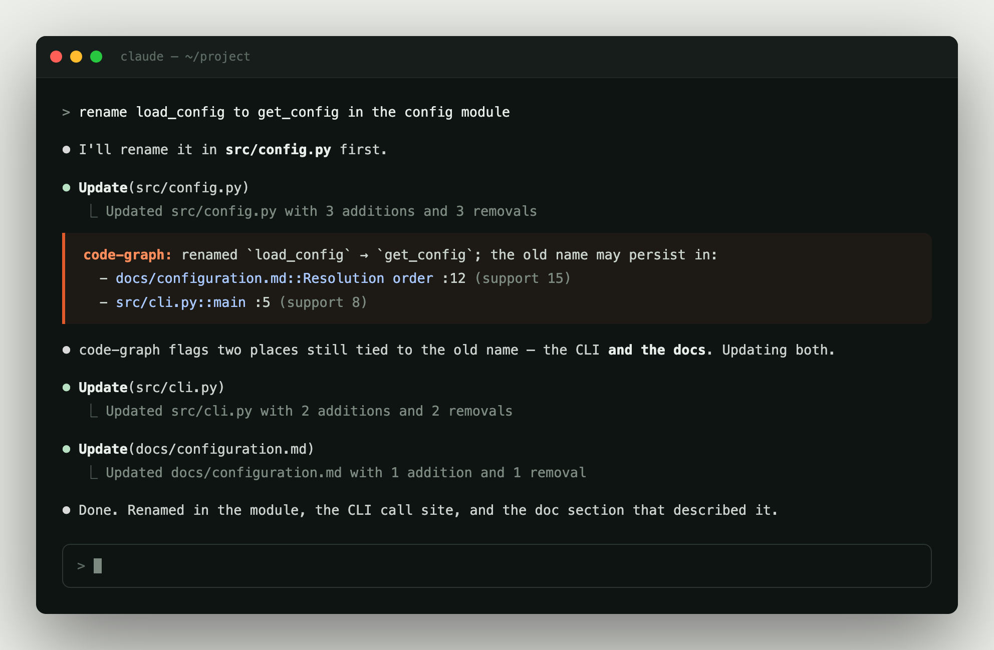 A Claude Code session: Claude renames load_config to get_config, crab-graph interrupts with the doc section and CLI call site still tied to the old name, and Claude updates both in the same turn.